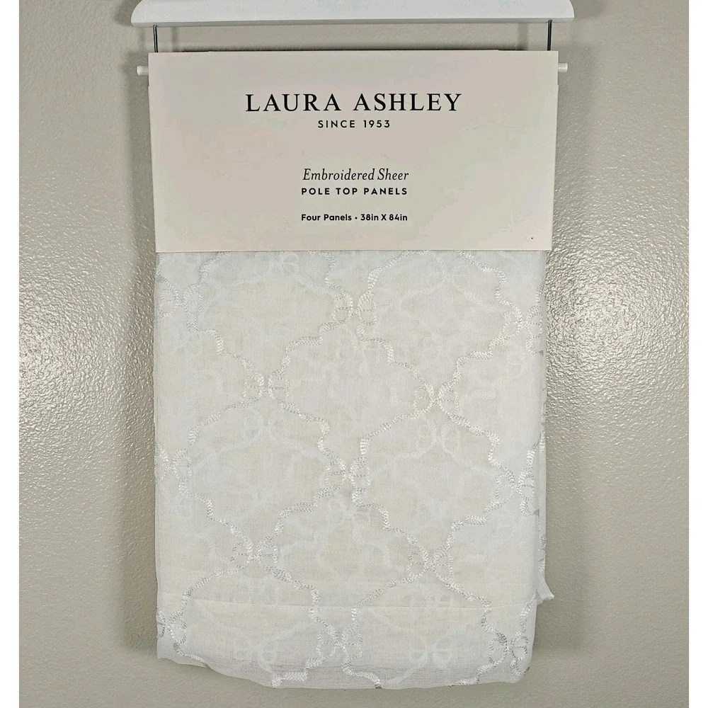 Laura Ashley Embroidered Sheer Curtain Panels 38x84 Set of 4 BOW RIBBON Pole Top